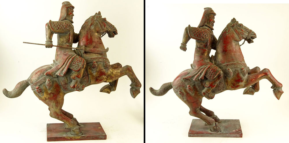 Pair of Vintage Chinese Polychromed Carved Wood Warrior Horse Riders.