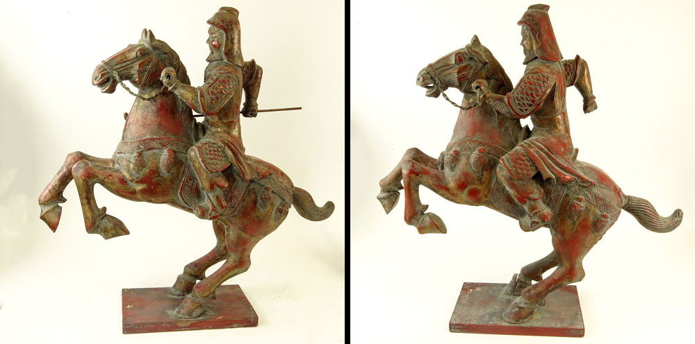 Pair of Vintage Chinese Polychromed Carved Wood Warrior Horse Riders.