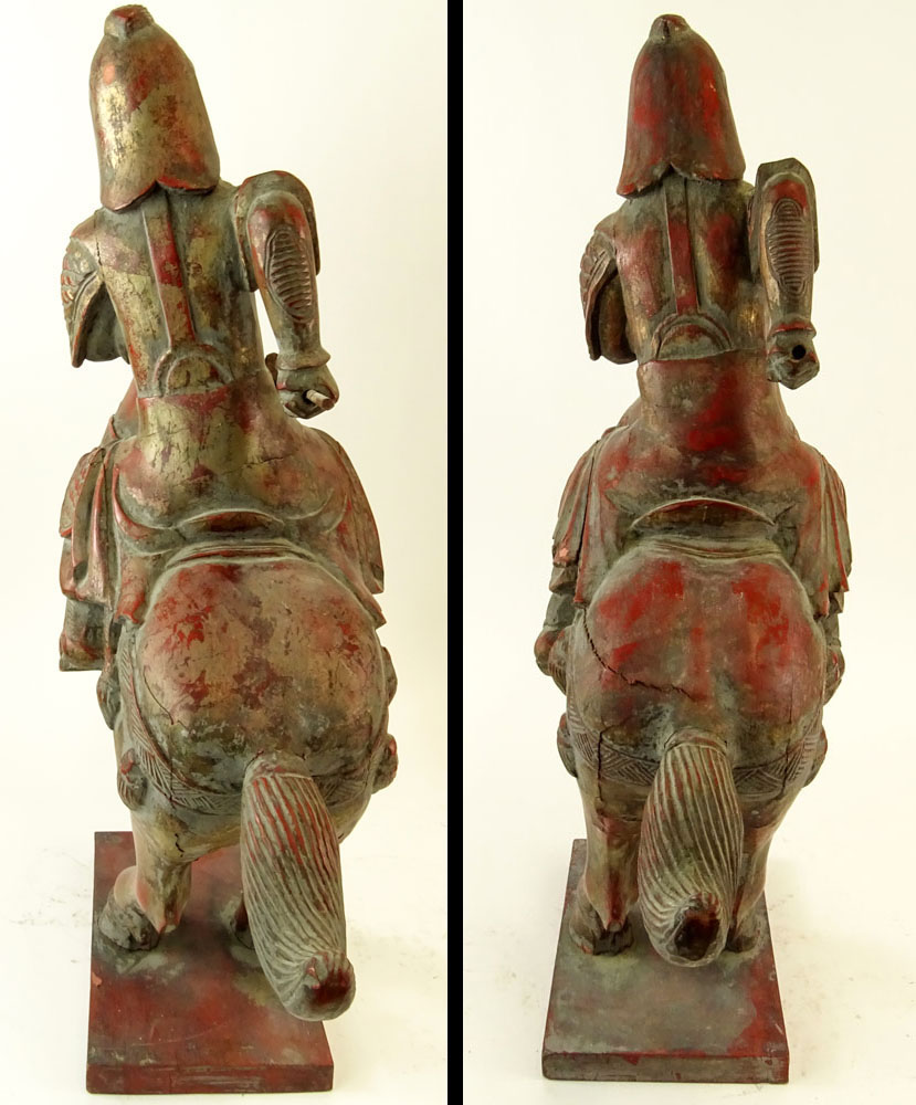 Pair of Vintage Chinese Polychromed Carved Wood Warrior Horse Riders.