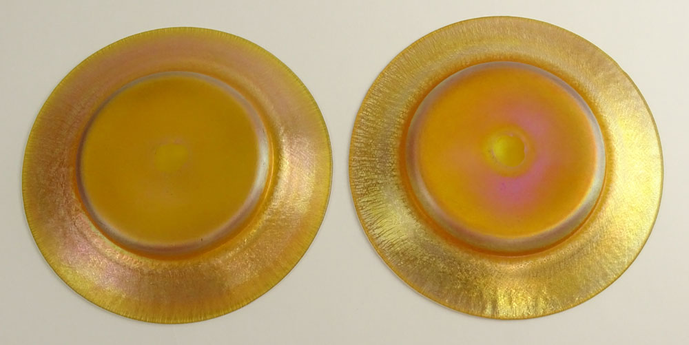 Pair of Antique Tiffany Favrile Iridescent Glass Plates. Signed L.C.T.