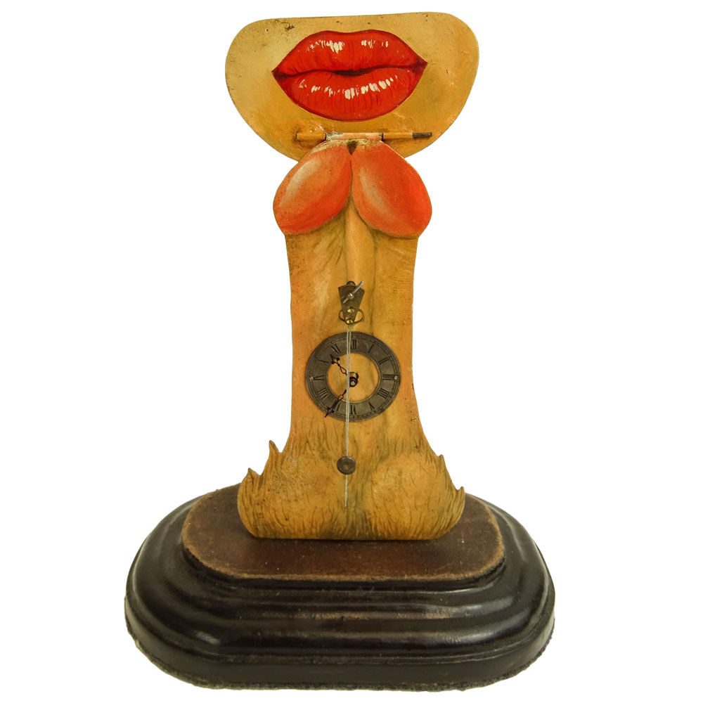 Vintage Erotic Hand Painted Clock Under Glass Dome With Key.