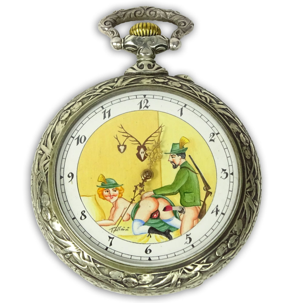 Antique Doxa Erotic Oversize Pocket watch. Chased train design on back of case.