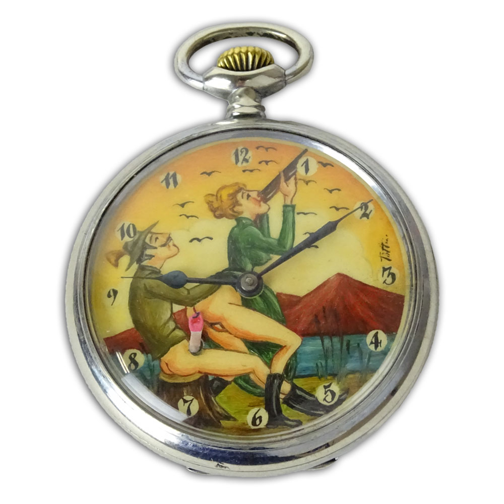 Vintage Hand painted Erotic Open Face Pocket watch.