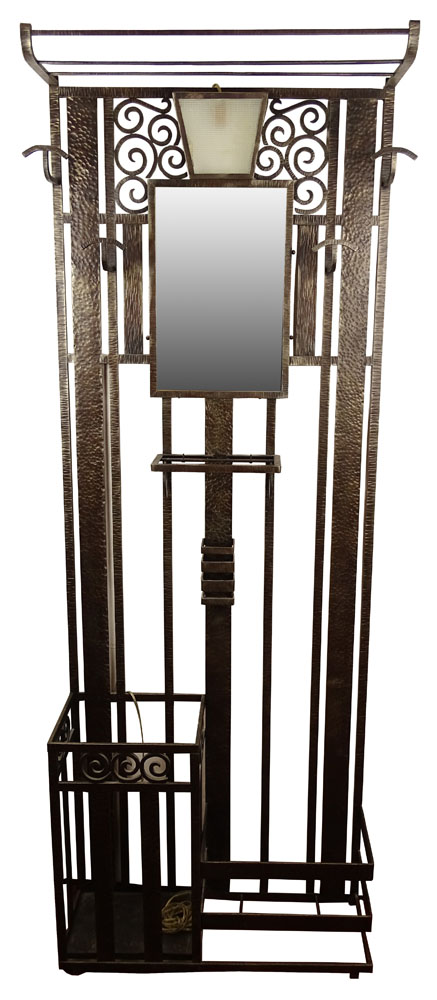 Art Deco Period Wrought Iron Coat Rack/Hall Tree. Ornate with mirror and light.