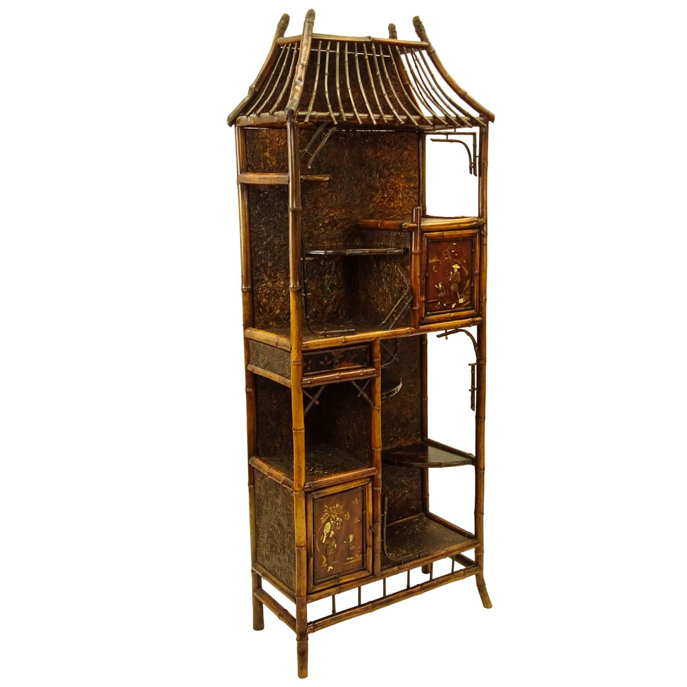 Early 20th Century Japanese Bamboo Etagere, Carved Doors with Ivory Accents and Lacquer Shelves. 