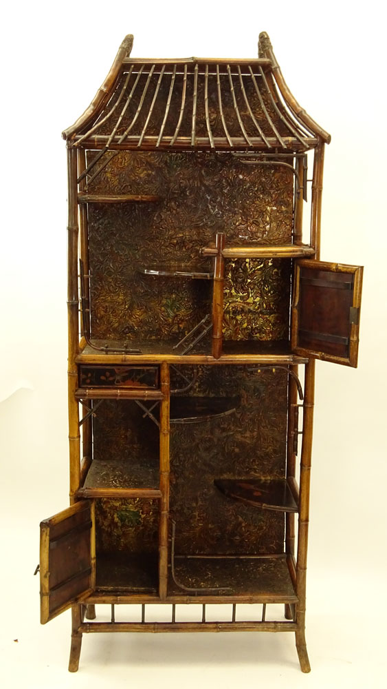 Early 20th Century Japanese Bamboo Etagere, Carved Doors with Ivory Accents and Lacquer Shelves. 