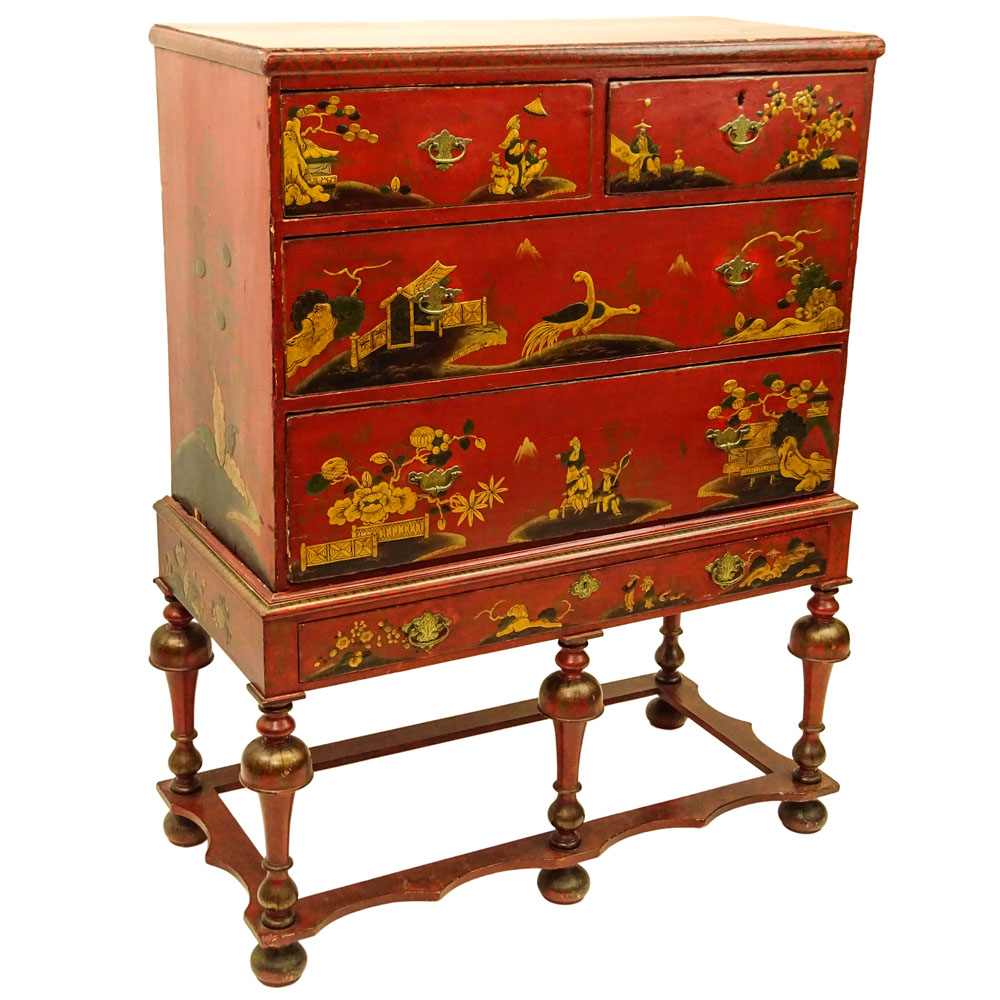 Late 19th Century English William and Mary Style  Lacqured Chest on Stand.