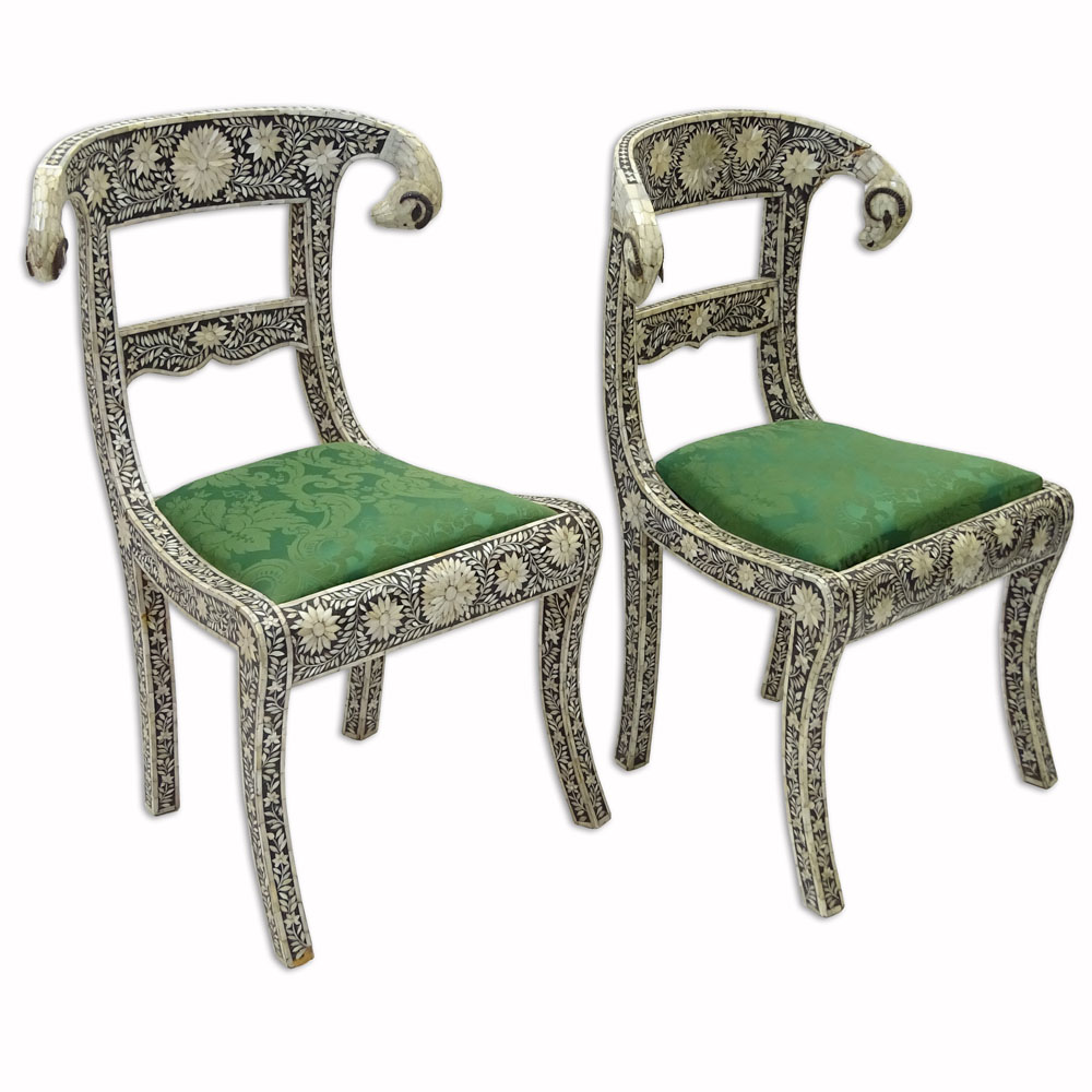 Pair of Vintage Mother Of Pearl and Bone Inlay Ram Head Klismos Design Side Chairs.