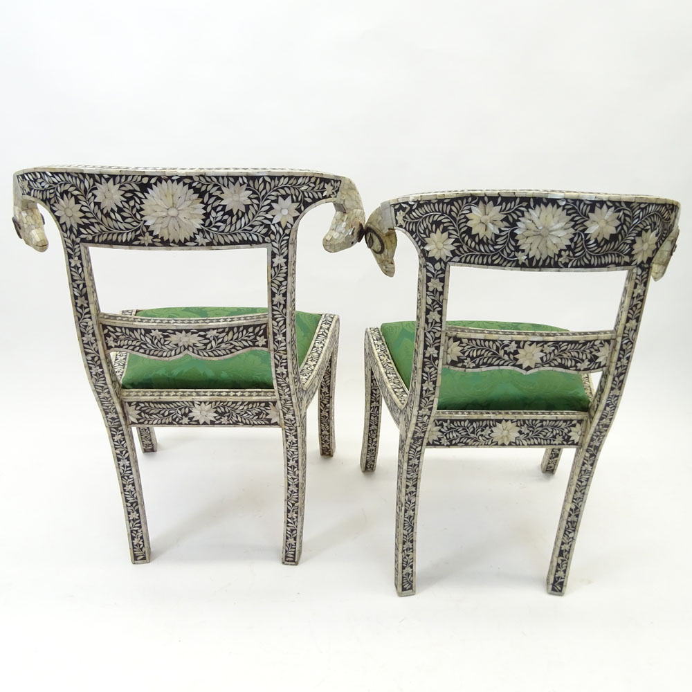 Pair of Vintage Mother Of Pearl and Bone Inlay Ram Head Klismos Design Side Chairs.