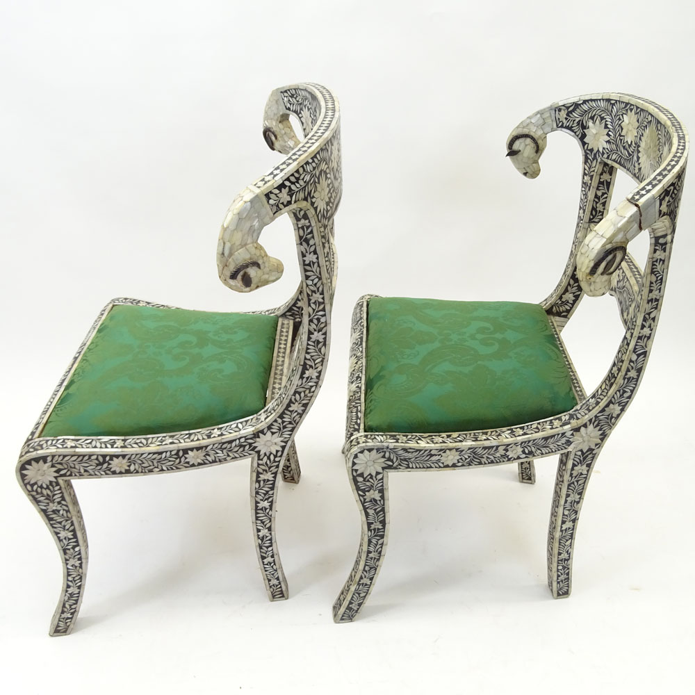 Pair of Vintage Mother Of Pearl and Bone Inlay Ram Head Klismos Design Side Chairs.