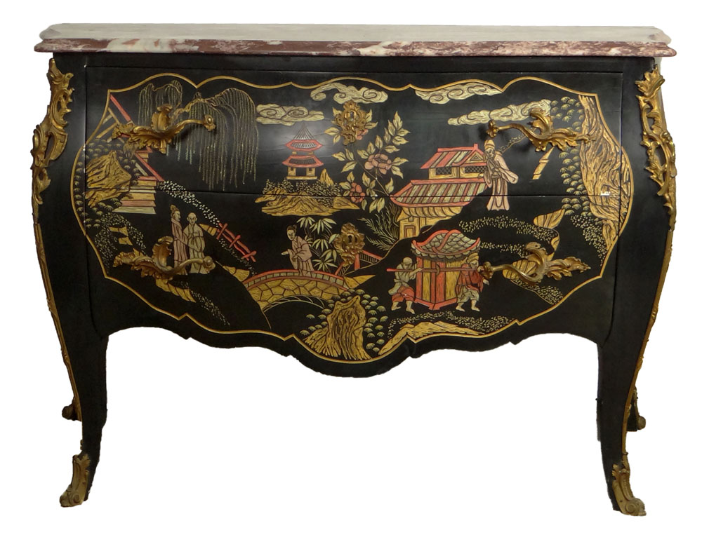 Mid 20th Century Bronze Mounted Marble Top Louis XV style Chinoiserie Bombe Commode.