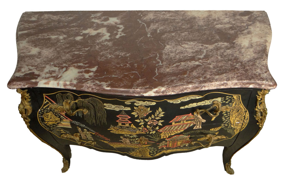 Mid 20th Century Bronze Mounted Marble Top Louis XV style Chinoiserie Bombe Commode.