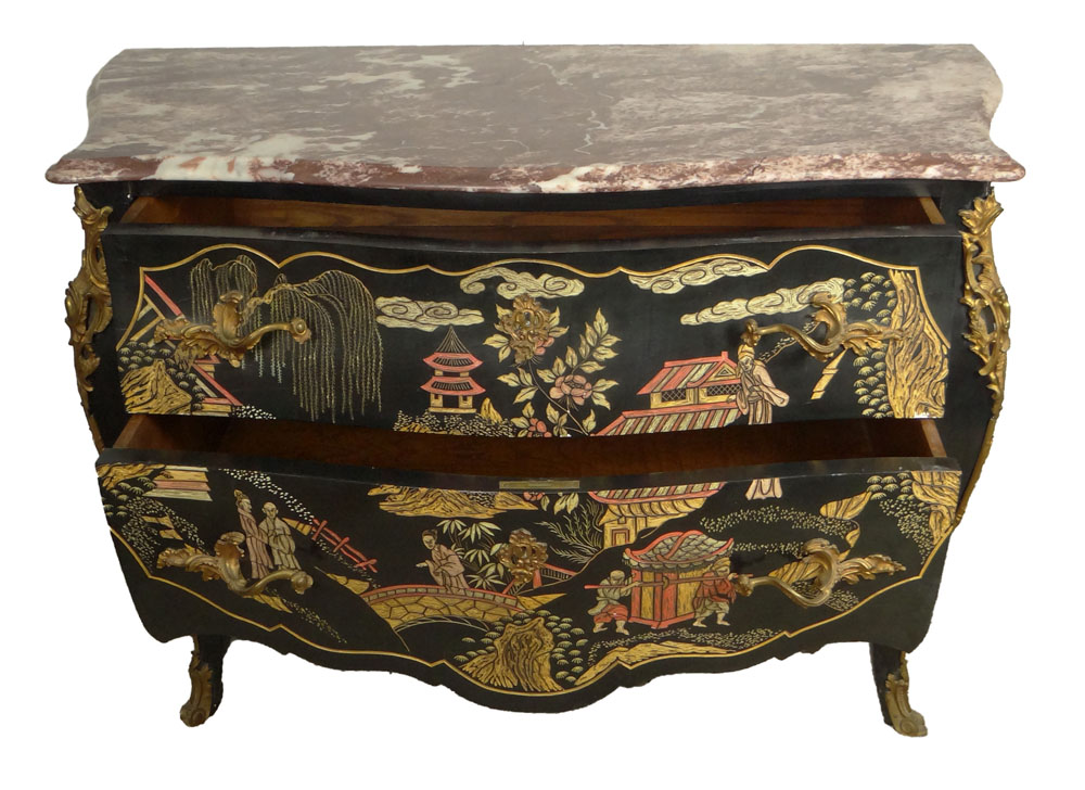 Mid 20th Century Bronze Mounted Marble Top Louis XV style Chinoiserie Bombe Commode.