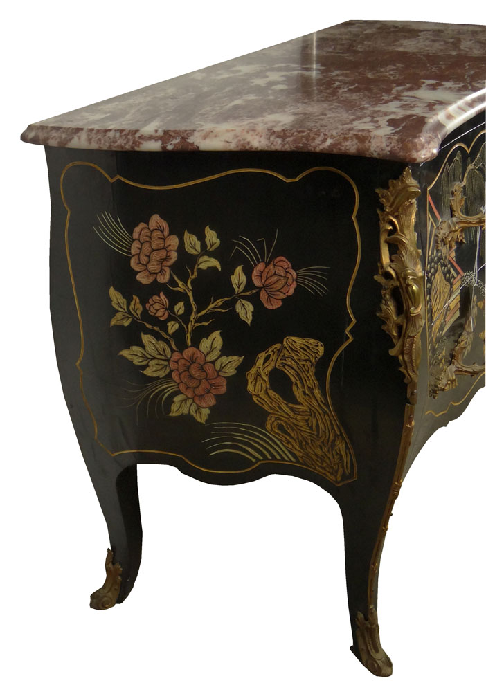 Mid 20th Century Bronze Mounted Marble Top Louis XV style Chinoiserie Bombe Commode.