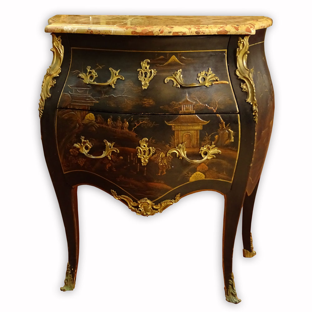 19th Century English Bronze Mounted Chinoserie Style Commode With French Breche d'Alep Marble Top.