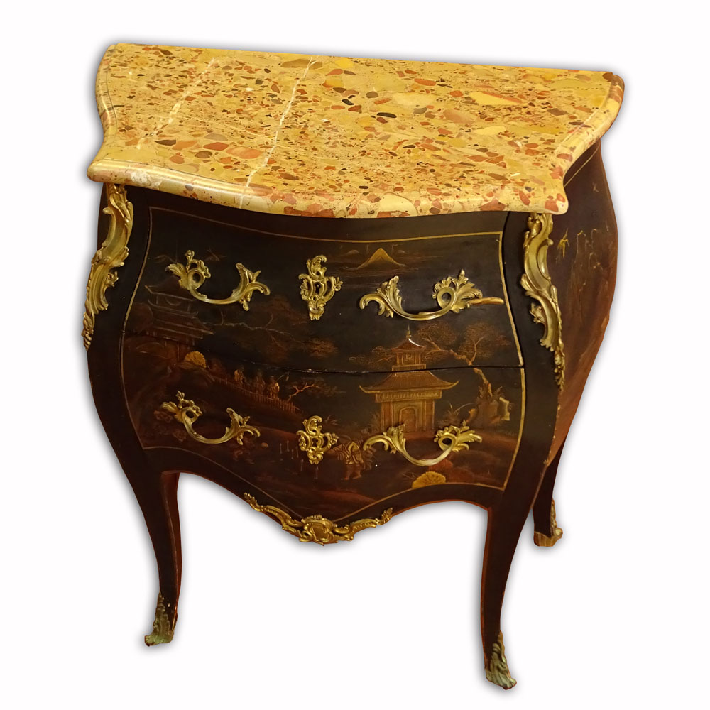 19th Century English Bronze Mounted Chinoserie Style Commode With French Breche d'Alep Marble Top.