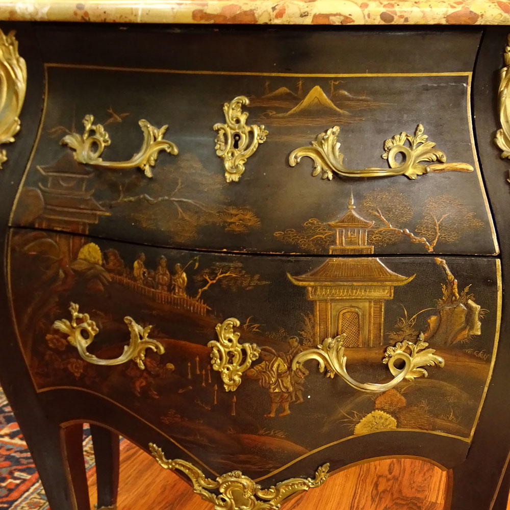 19th Century English Bronze Mounted Chinoserie Style Commode With French Breche d'Alep Marble Top.