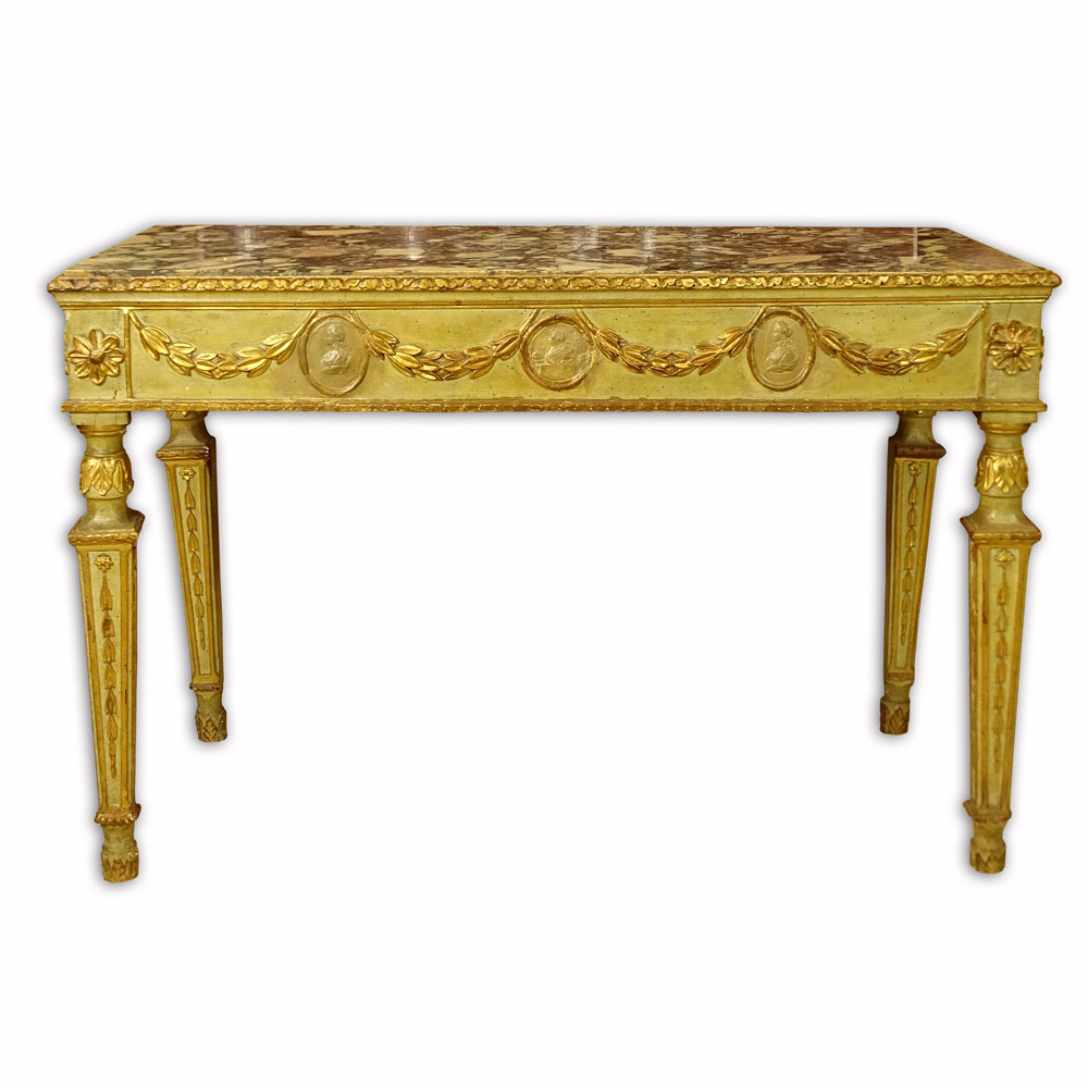 18/19th Century Italian Carved Painted and Parcel Gilt Neo Classical Style Console.