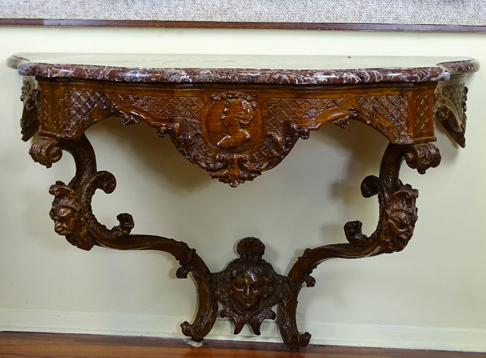 18th Century French Carved Fruitwood Wall Hung Console with Later Marble Top.