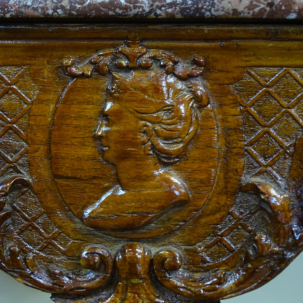 18th Century French Carved Fruitwood Wall Hung Console with Later Marble Top.