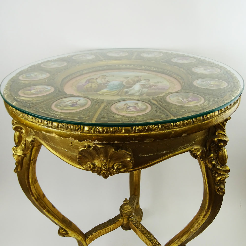 19th Century French Bronze Mounted Giltwood Table With 12 inset Sevres Porcelain Portrait Plaques.