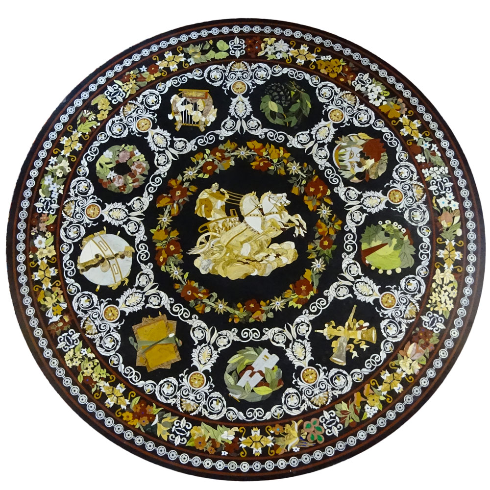 Large Vintage Possibly Italian Pietra Dura Table Top with Carved and Gilt Wood Base.