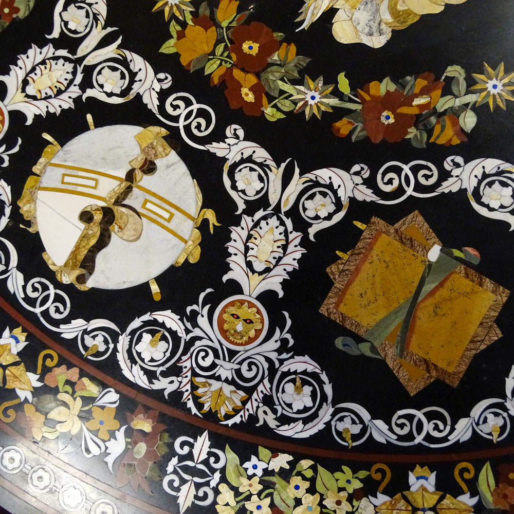 Large Vintage Possibly Italian Pietra Dura Table Top with Carved and Gilt Wood Base.