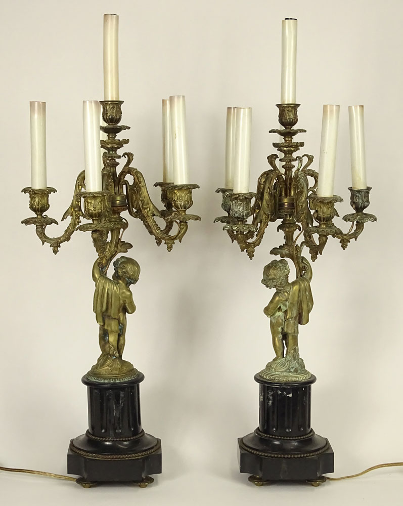 Pair French Louis XVI Style Bronze Putti Candelabra Table Lamps.