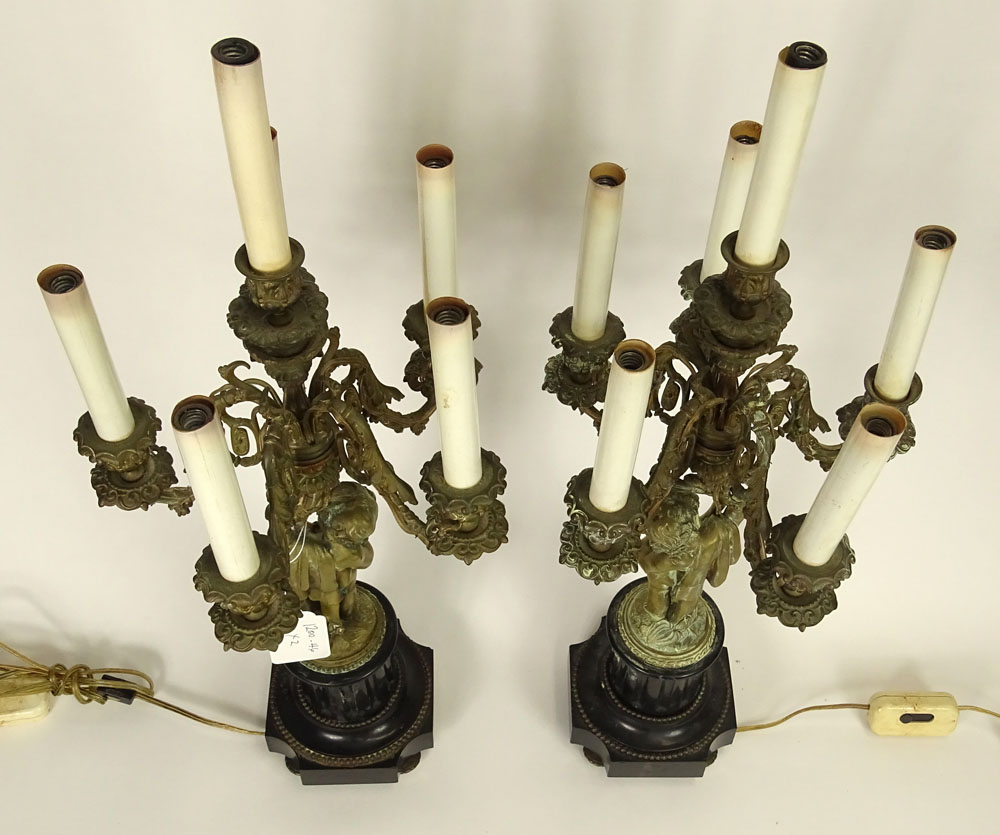 Pair French Louis XVI Style Bronze Putti Candelabra Table Lamps.