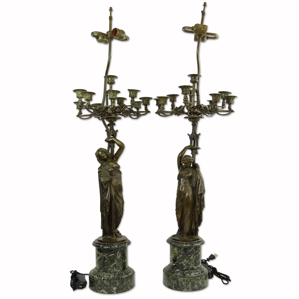 after: Jean Jaques Pradier, Pair figural bronze 10 light candelabra as lamps on green marble bases. 