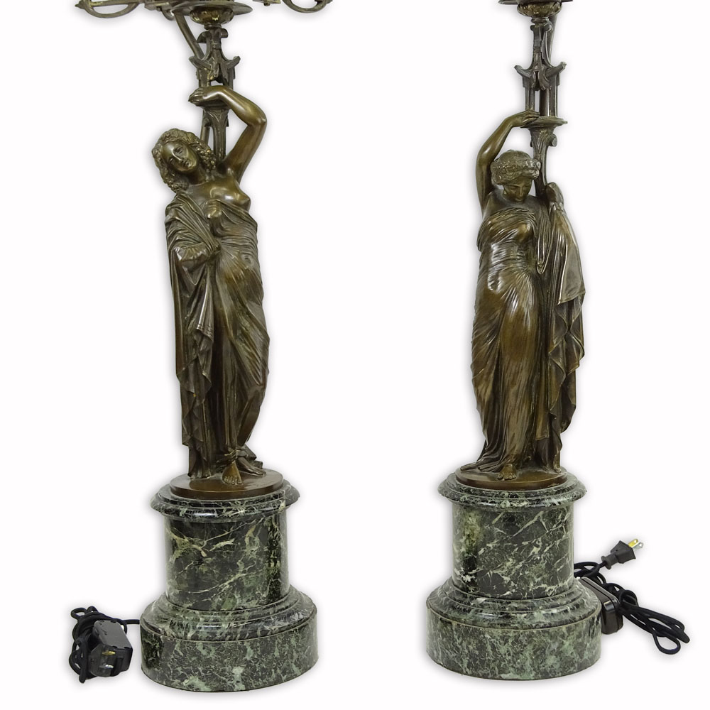 after: Jean Jaques Pradier, Pair figural bronze 10 light candelabra as lamps on green marble bases. 