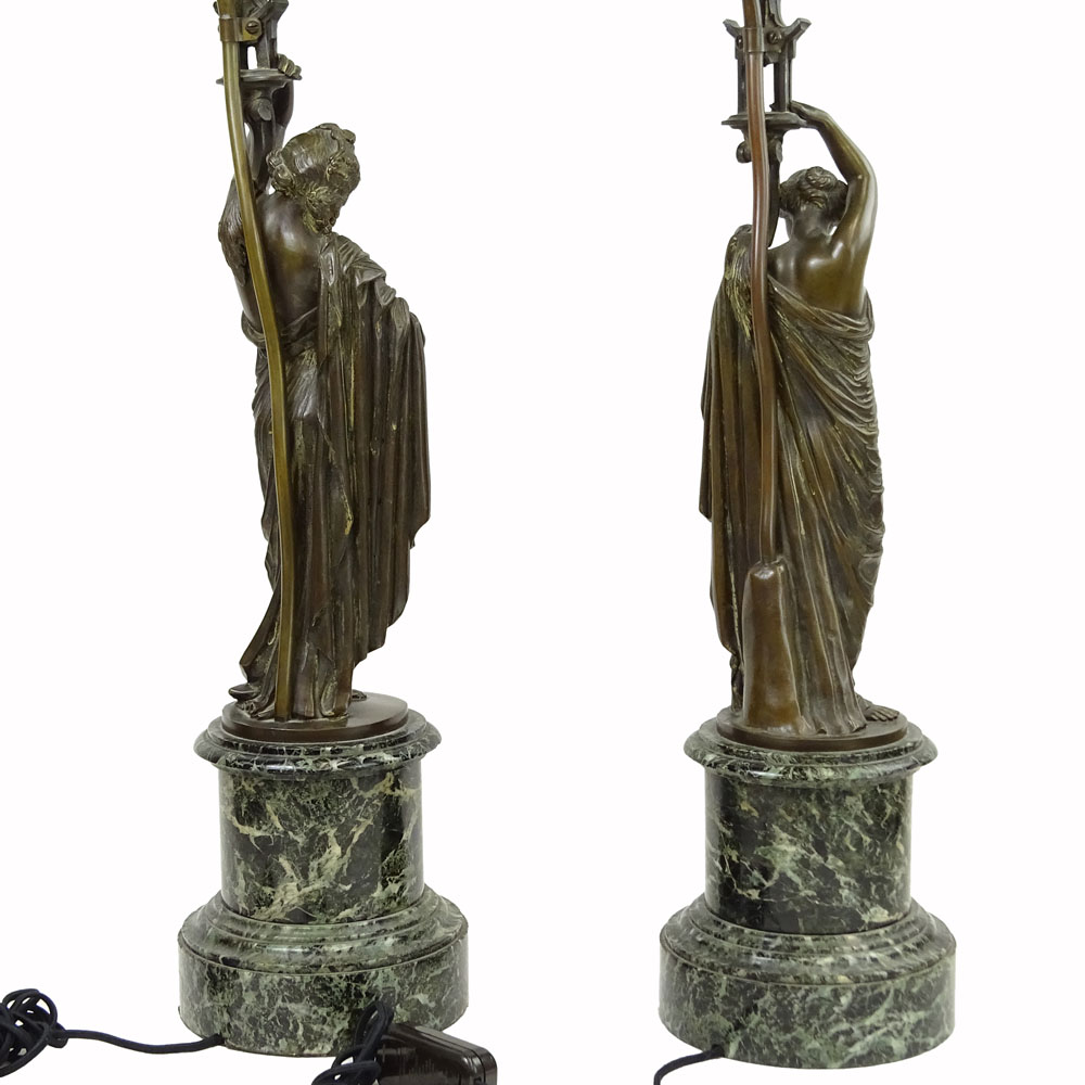 after: Jean Jaques Pradier, Pair figural bronze 10 light candelabra as lamps on green marble bases. 