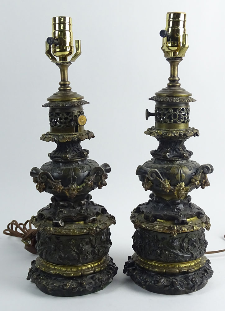 Pair of Antique Art Nouveau Bronze Lamps with Floral Motif.