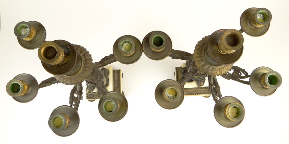 Pair of Antique French Bronze and Marble Figural Six Light Candelabra.