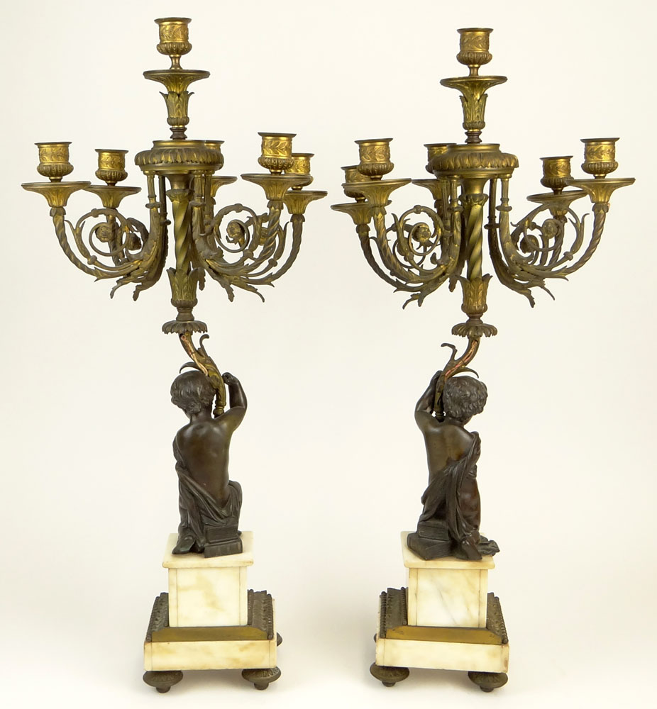 Pair of Antique French Bronze and Marble Figural Six Light Candelabra.