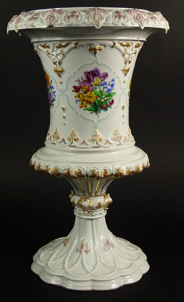 Large Impressive 19/20th Century Meissen Hand Painted Porcelain Bolted Urn with Floral Decoration.