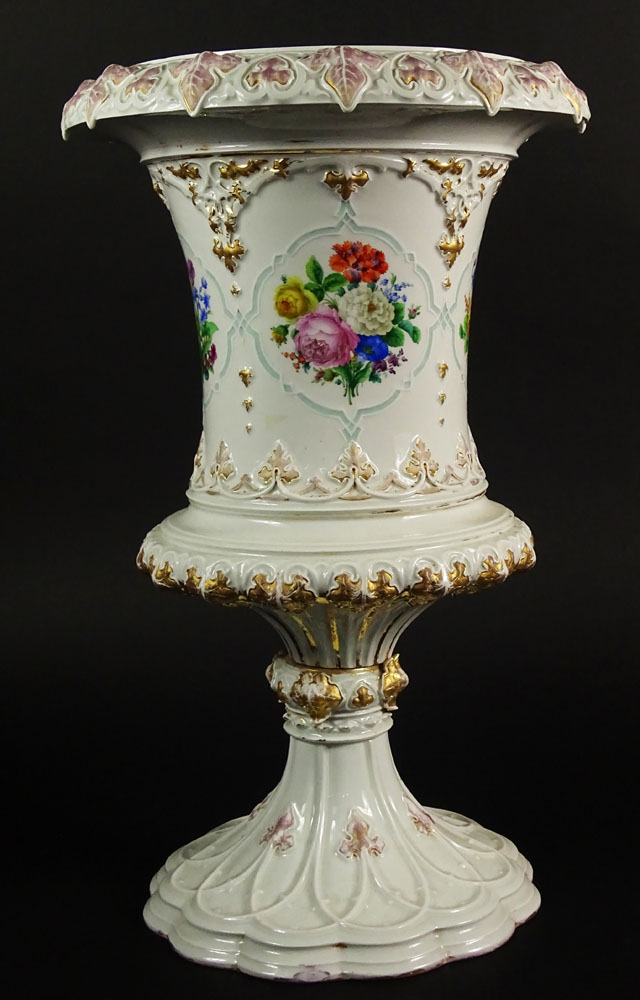 Large Impressive 19/20th Century Meissen Hand Painted Porcelain Bolted Urn with Floral Decoration.