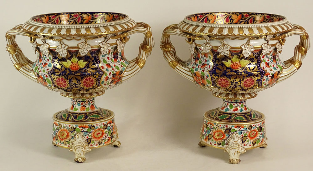 Pair of Porcelain 'Japan' Pattern Warwick Wine Coolers Attributed to Bloor Derby, Ornate Motif.