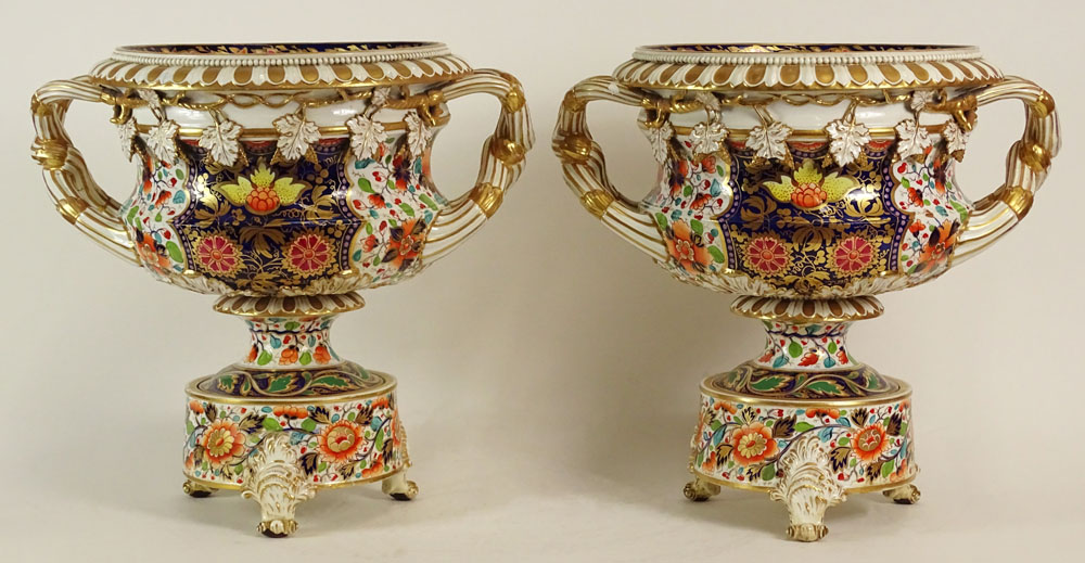 Pair of Porcelain 'Japan' Pattern Warwick Wine Coolers Attributed to Bloor Derby, Ornate Motif.