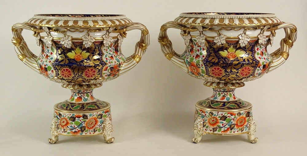 Pair of Porcelain 'Japan' Pattern Warwick Wine Coolers Attributed to Bloor Derby, Ornate Motif.