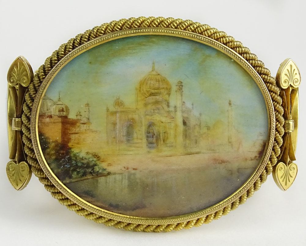 Antique 18 Karat Yellow Gold Bracelet with Inset Miniature Paintings on Shell of Indian Palaces.
