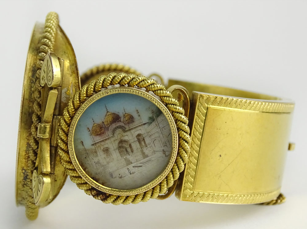 Antique 18 Karat Yellow Gold Bracelet with Inset Miniature Paintings on Shell of Indian Palaces.