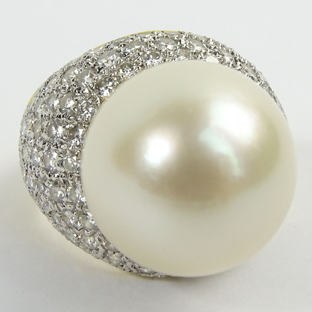 Lady's Approx. 17.0mm South Sea Pearl, 4.0 Carat Pave Set Round Cut Diamond and 18 Karat Gold Ring. 