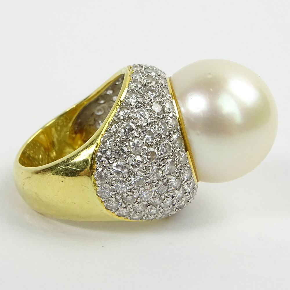 Lady's Approx. 17.0mm South Sea Pearl, 4.0 Carat Pave Set Round Cut Diamond and 18 Karat Gold Ring. 