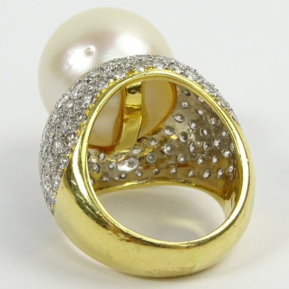 Lady's Approx. 17.0mm South Sea Pearl, 4.0 Carat Pave Set Round Cut Diamond and 18 Karat Gold Ring. 