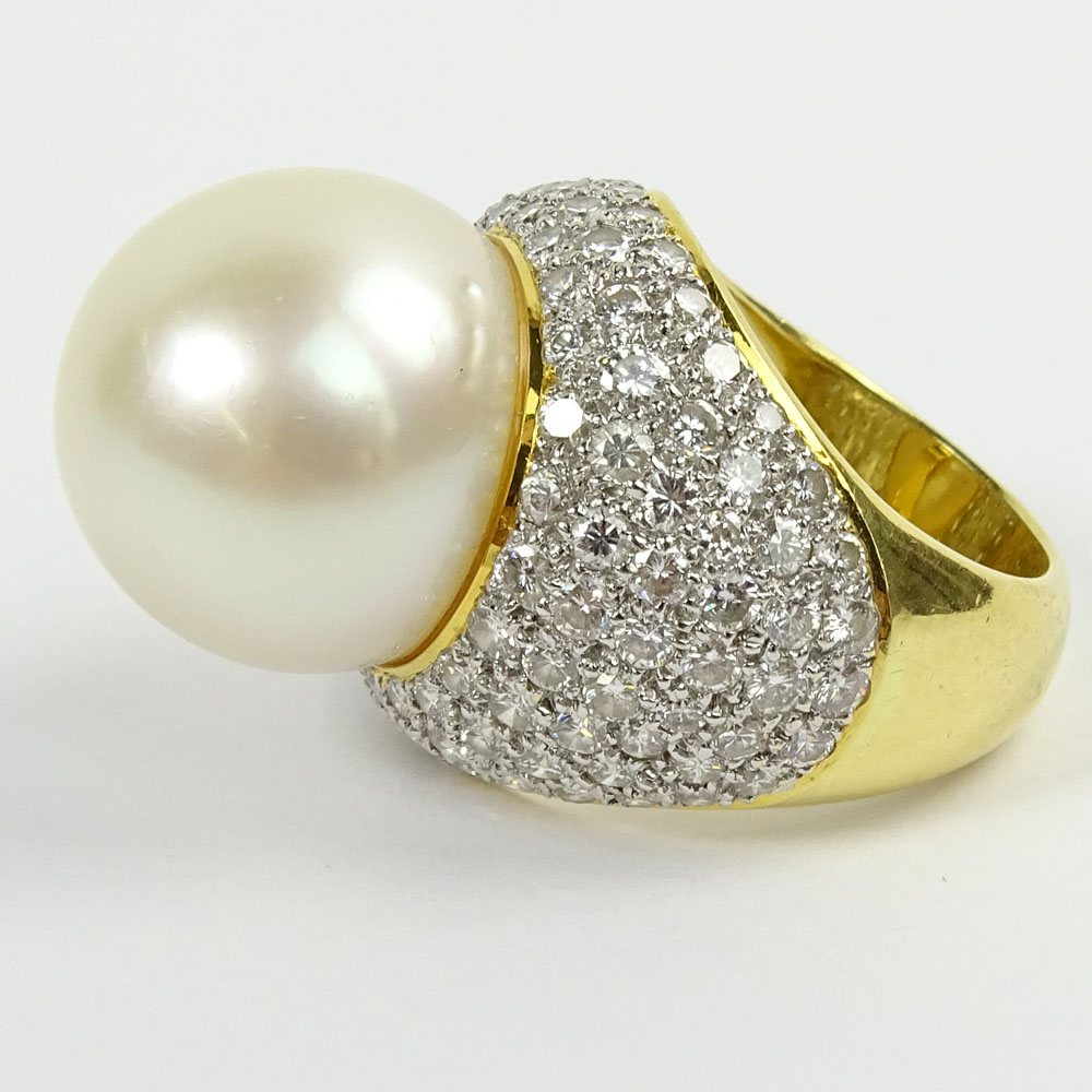 Lady's Approx. 17.0mm South Sea Pearl, 4.0 Carat Pave Set Round Cut Diamond and 18 Karat Gold Ring. 
