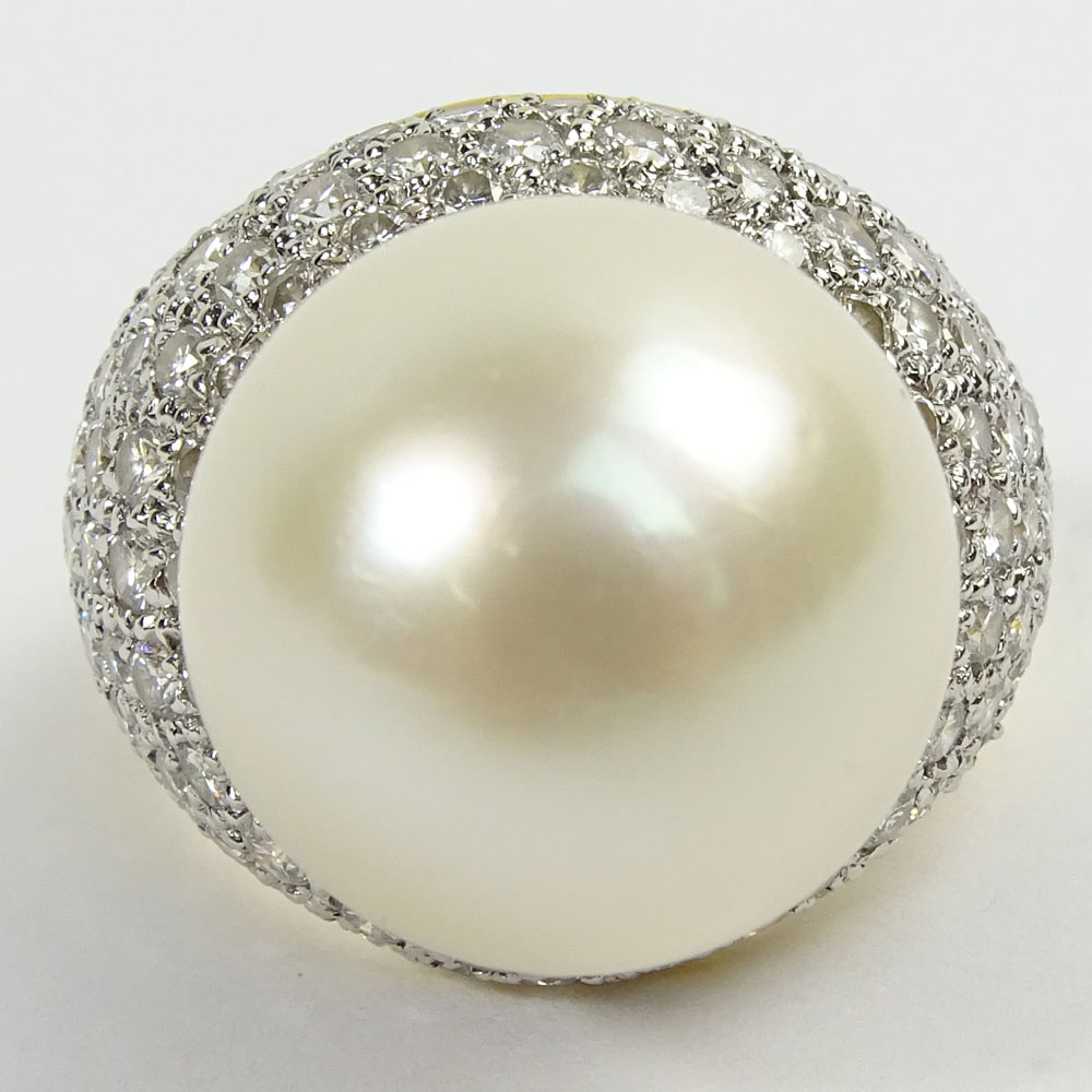 Lady's Approx. 17.0mm South Sea Pearl, 4.0 Carat Pave Set Round Cut Diamond and 18 Karat Gold Ring. 