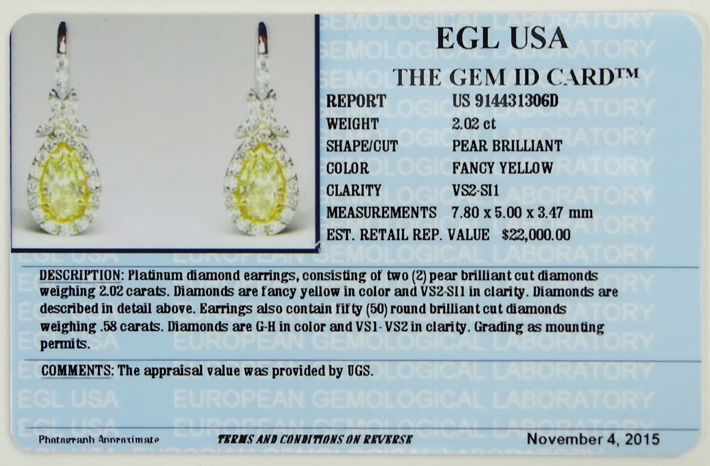 EGL Certified 2.02 Carat Pear Brilliant Cut Fancy Yellow Diamond and Platinum Earrings.