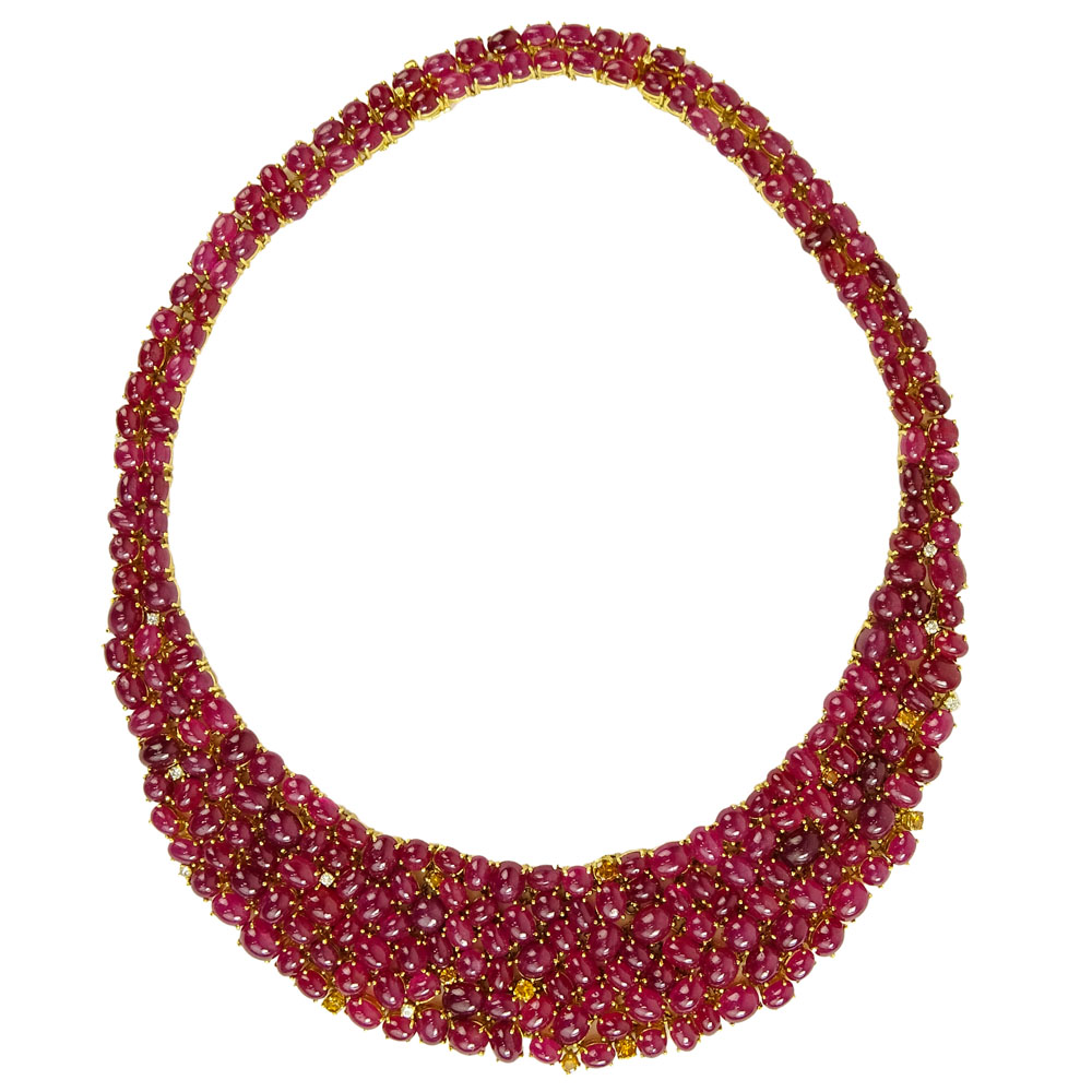 Approx. 250.00 Carat Cabochon Ruby, 2.50 Carat Diamond and 18 Karat Yellow Gold Necklace. 