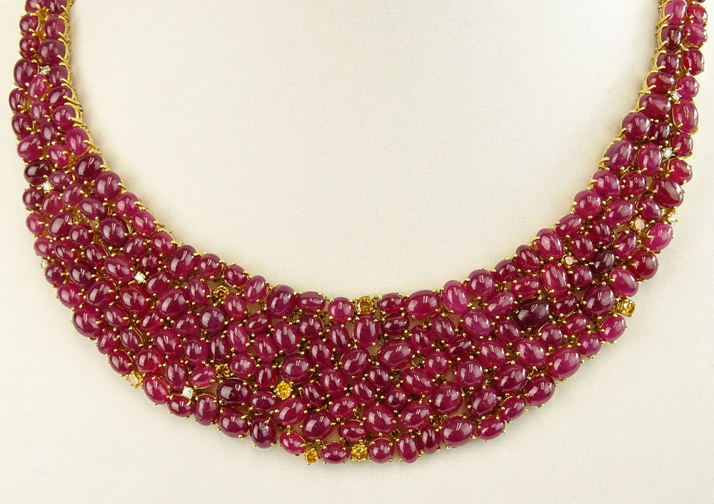 Approx. 250.00 Carat Cabochon Ruby, 2.50 Carat Diamond and 18 Karat Yellow Gold Necklace. 